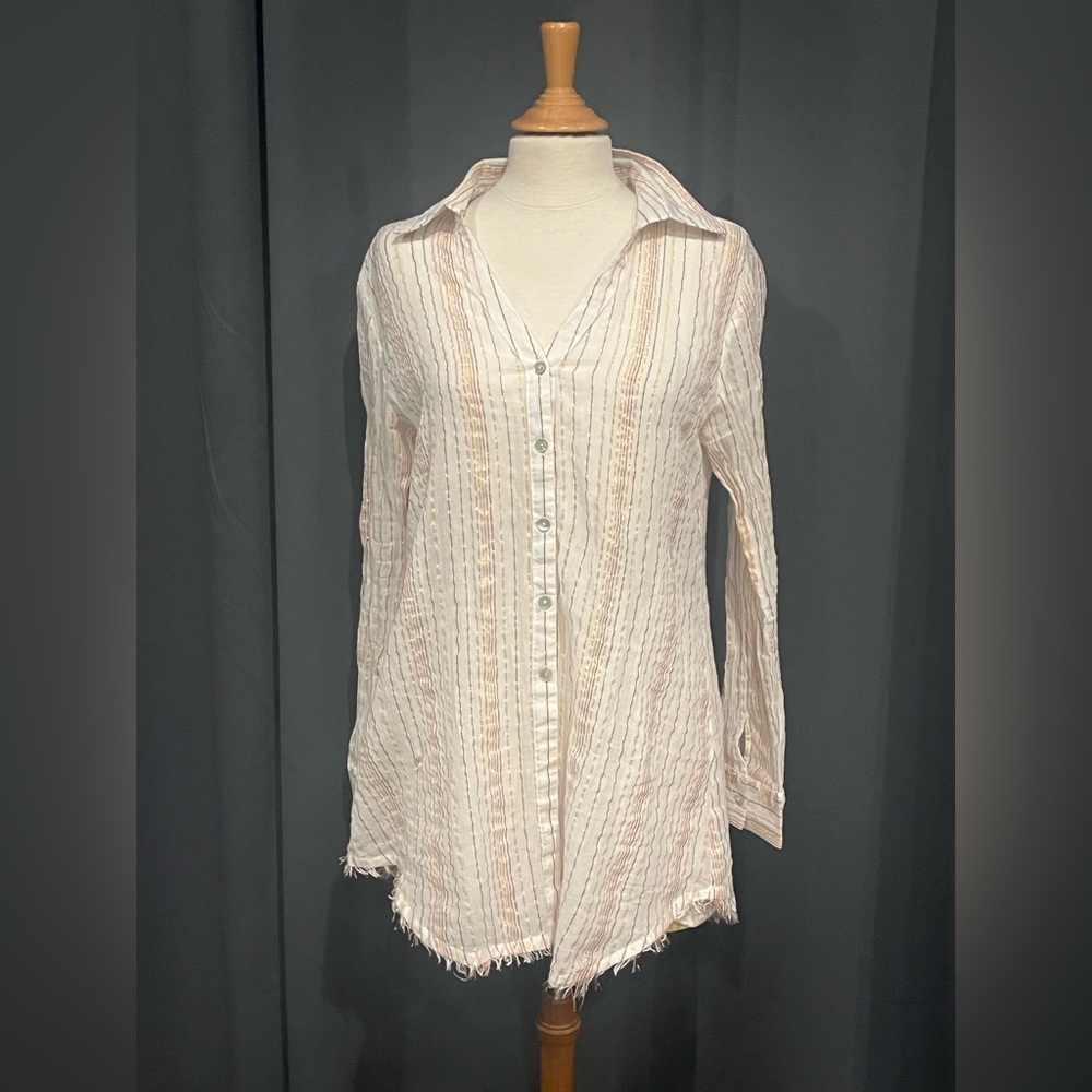 Women’s Dia Size M Semi Sheer White/Cream Lightweight Longsleeve Pinstriped Top.